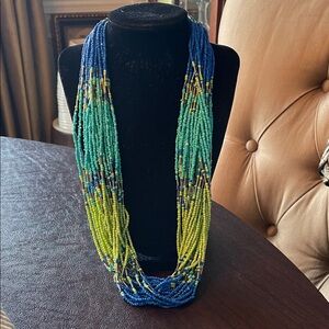 #152 - LIVE SHOW - Beaded Multi-Strand Statement Necklace - Blue, Teal & Lime